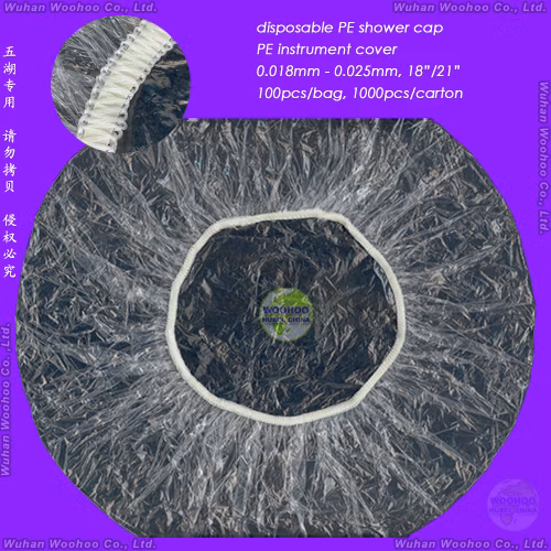 방수 투명 폴리/HDPE/LDPE/플라스틱/투명/폭도/대걸레 호텔/여행용 목욕/주름/주름/스트립/클립/줄무늬 모양의 목욕을 위한 일회용 PE 샤워 캡